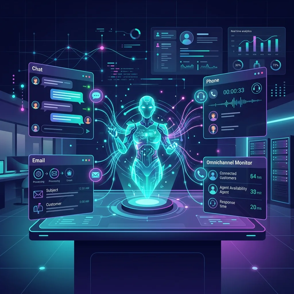 Illustration d'un agent IA omnicanal gérant plusieurs interactions clients simultanément